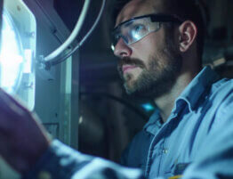 HVAC technician inspecting a furnace in a Cleveland, OH home.